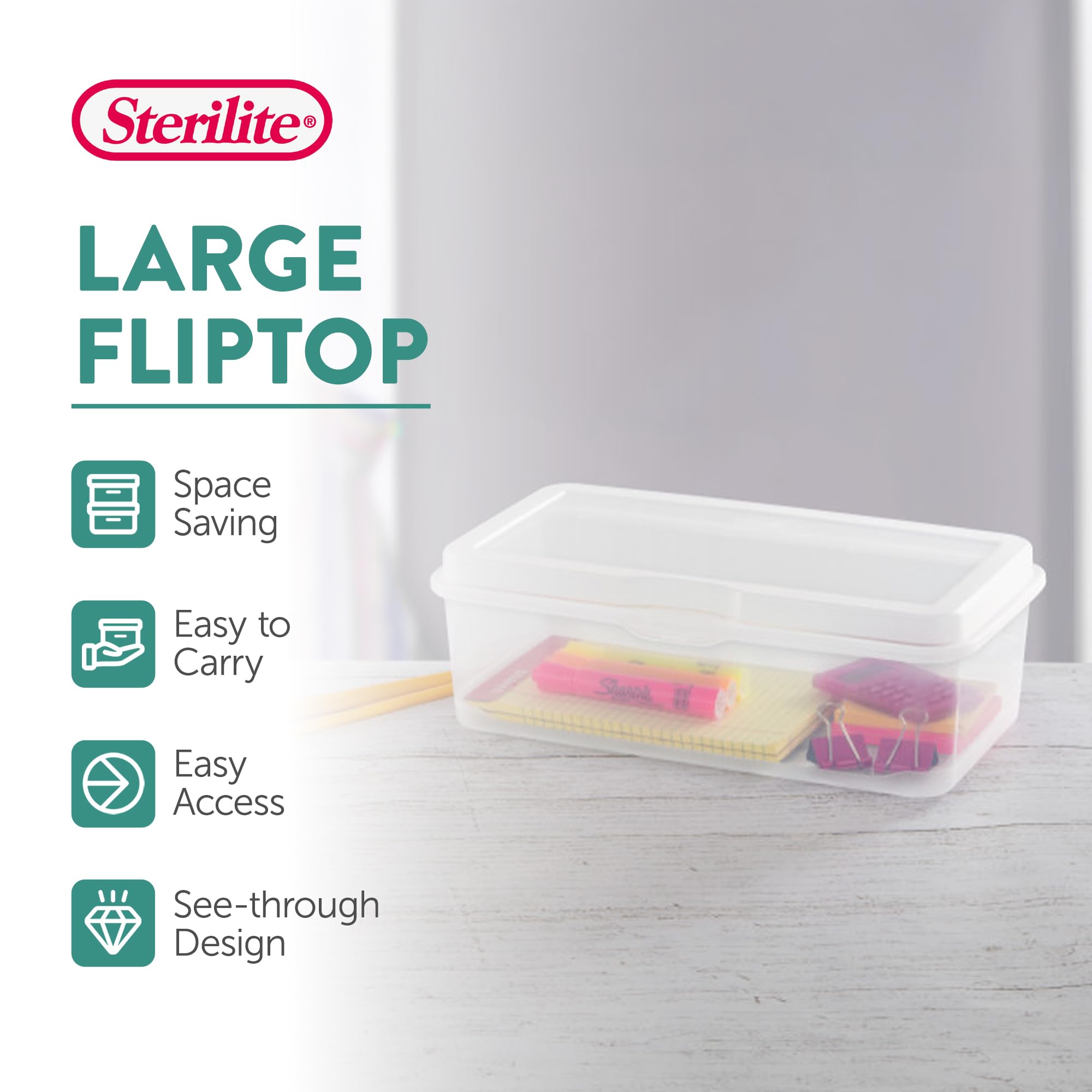 Sterilite 6-Pack Rectangular Large FlipTop, Clear Plastic Storage Box with Hinged Lid - Stackable Multipurpose Organizer for Art and Craft Supplies, Accessories, Photos & CDs, Home or Office Use