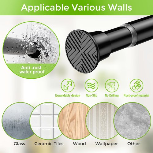 HAOYUNTE Tension Curtain Rod No Drill 32-76 Inch 7/8" Diameter Spring Loaded Curtain Rods Adjustable Expandable Tension Shower Rod for Bathroom Window Doorway Kitchen Closet, Black