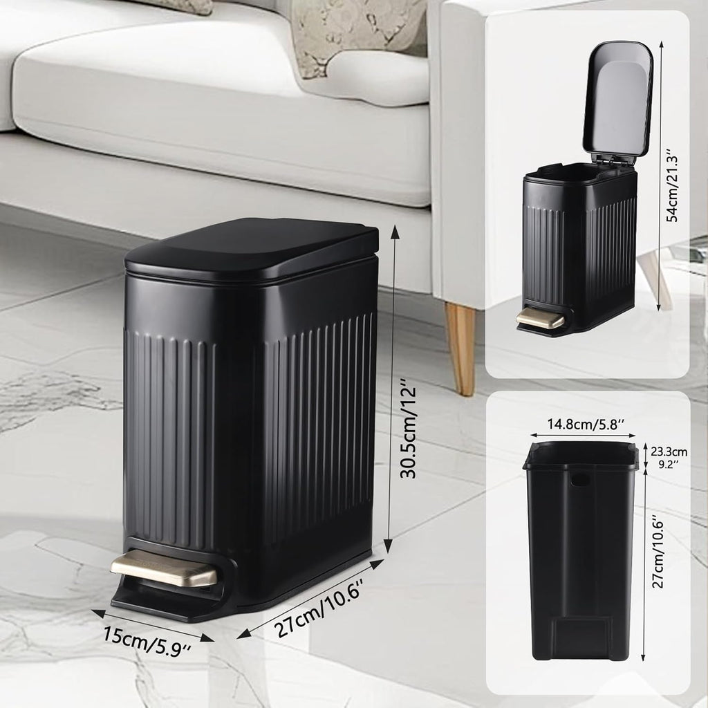 SYNCVIBE Slim Bathroom Trash Can - Foot-Operated Stainless Steel Bin with Soft Close Lid | 1.8 Gallons, Matt Black