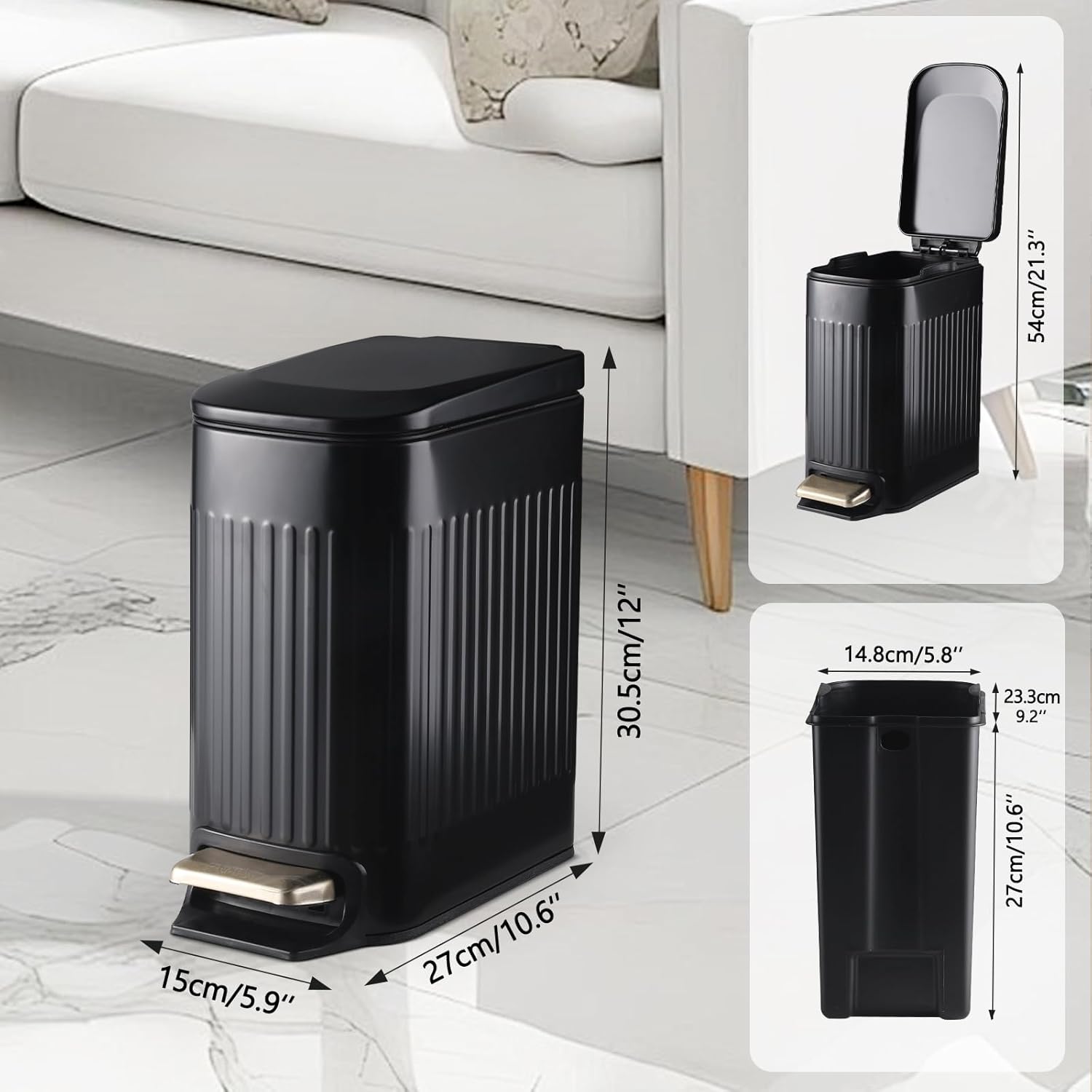SYNCVIBE Slim Bathroom Trash Can - Foot-Operated Stainless Steel Bin with Soft Close Lid | 1.8 Gallons, Matt Black