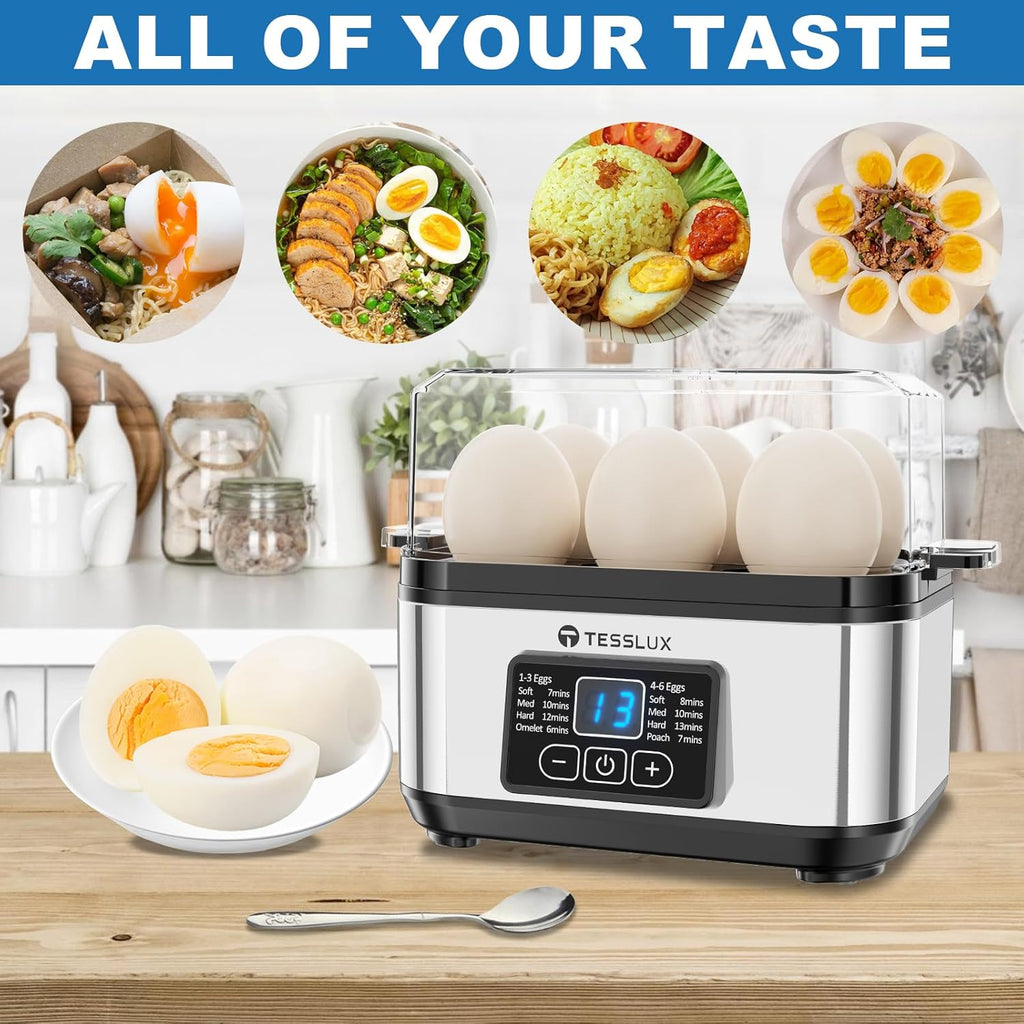 Tesslux Electric Egg Cooker - 6 Egg Capacity for Hard Boiled, Poached, Scrambled Eggs | Auto Shut Off, Silver