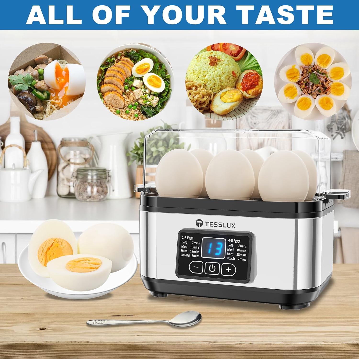 Tesslux Electric Egg Cooker - 6 Egg Capacity for Hard Boiled, Poached, Scrambled Eggs | Auto Shut Off, Silver