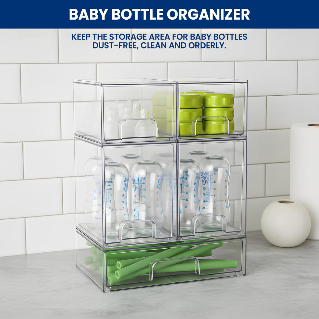 Baby Bottle Organizer Stackable, Acrylic Storage Drawers 5 pack with Non-Slip Pads, Pull-Out Drawers for Baby Bottle, Pump Parts, Pantry, Vanity Countertop (4.4" and 7.6" Tall and 12.1" Wide)