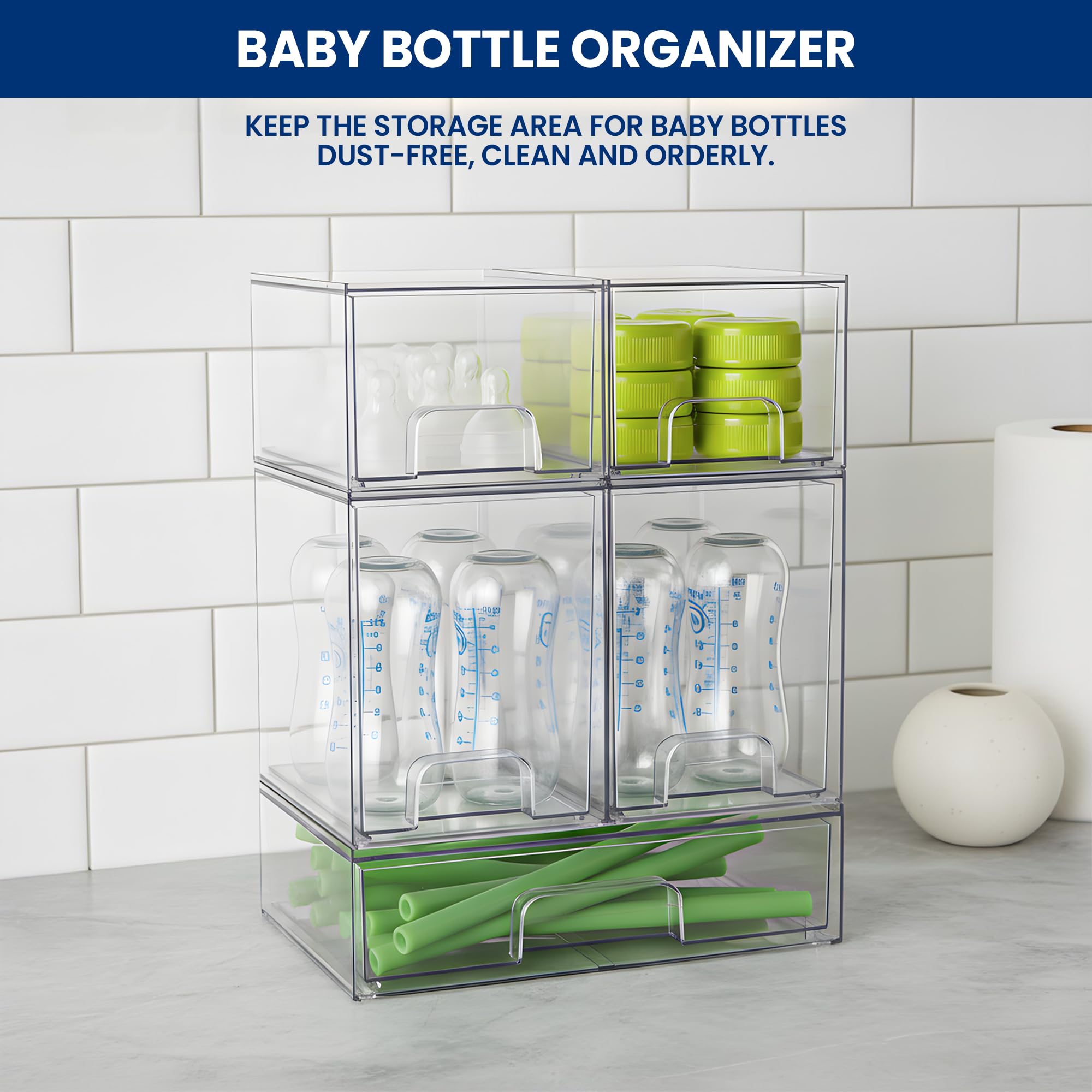 Baby Bottle Organizer Stackable, Acrylic Storage Drawers 5 pack with Non-Slip Pads, Pull-Out Drawers for Baby Bottle, Pump Parts, Pantry, Vanity Countertop (4.4" and 7.6" Tall and 12.1" Wide)