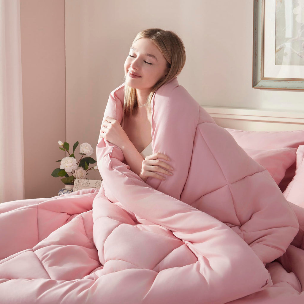 ELNIDO QUEEN® Queen Comforter Set - 7 Pieces Bed in a Bag Queen Size, Bed Set for All Seasons, Blush Pink Ultra Soft Bedding Sets with Comforter, Flat Sheet, Fitted Sheet, Pillowcases and Pillow Shams