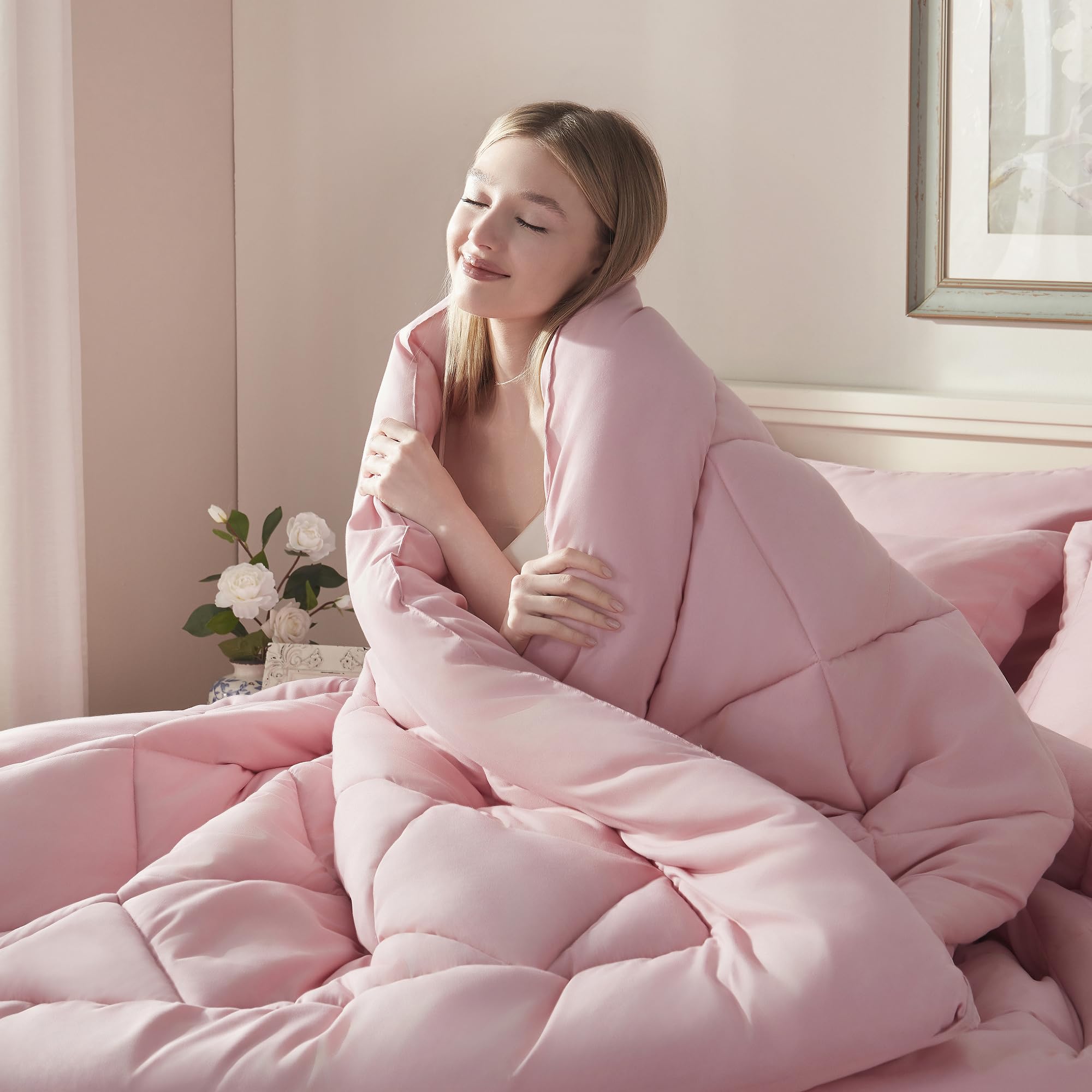 ELNIDO QUEEN® Queen Comforter Set - 7 Pieces Bed in a Bag Queen Size, Bed Set for All Seasons, Blush Pink Ultra Soft Bedding Sets with Comforter, Flat Sheet, Fitted Sheet, Pillowcases and Pillow Shams