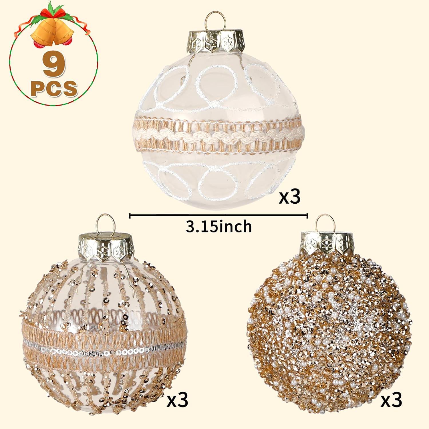Regine Switzerland 9-Piece Christmas Ball Ornaments Set - Shatterproof Clear Champagne Decor for Holiday Parties