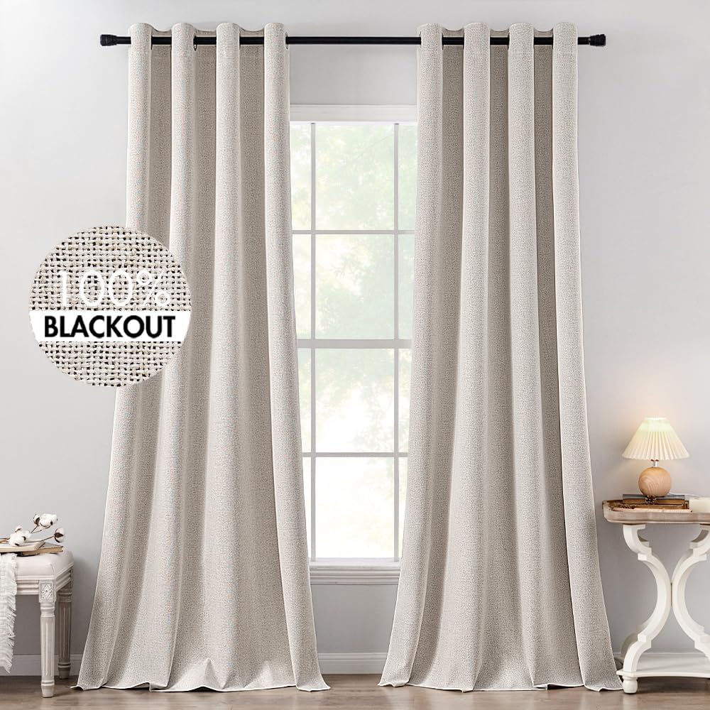 MIULEE 100% Blackout Linen Textured Curtains - Thermal Insulated Ivory Drapes | 52 x 102 Inch (2 Panels)