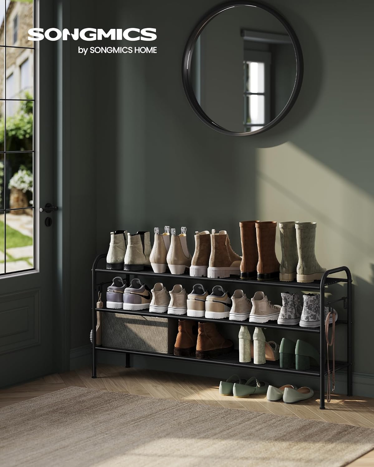 SONGMICS 3-Tier Shoe Rack - Height-Adjustable Metal Organizer with 4 Hooks | Holds 24 Pairs, Ink Black