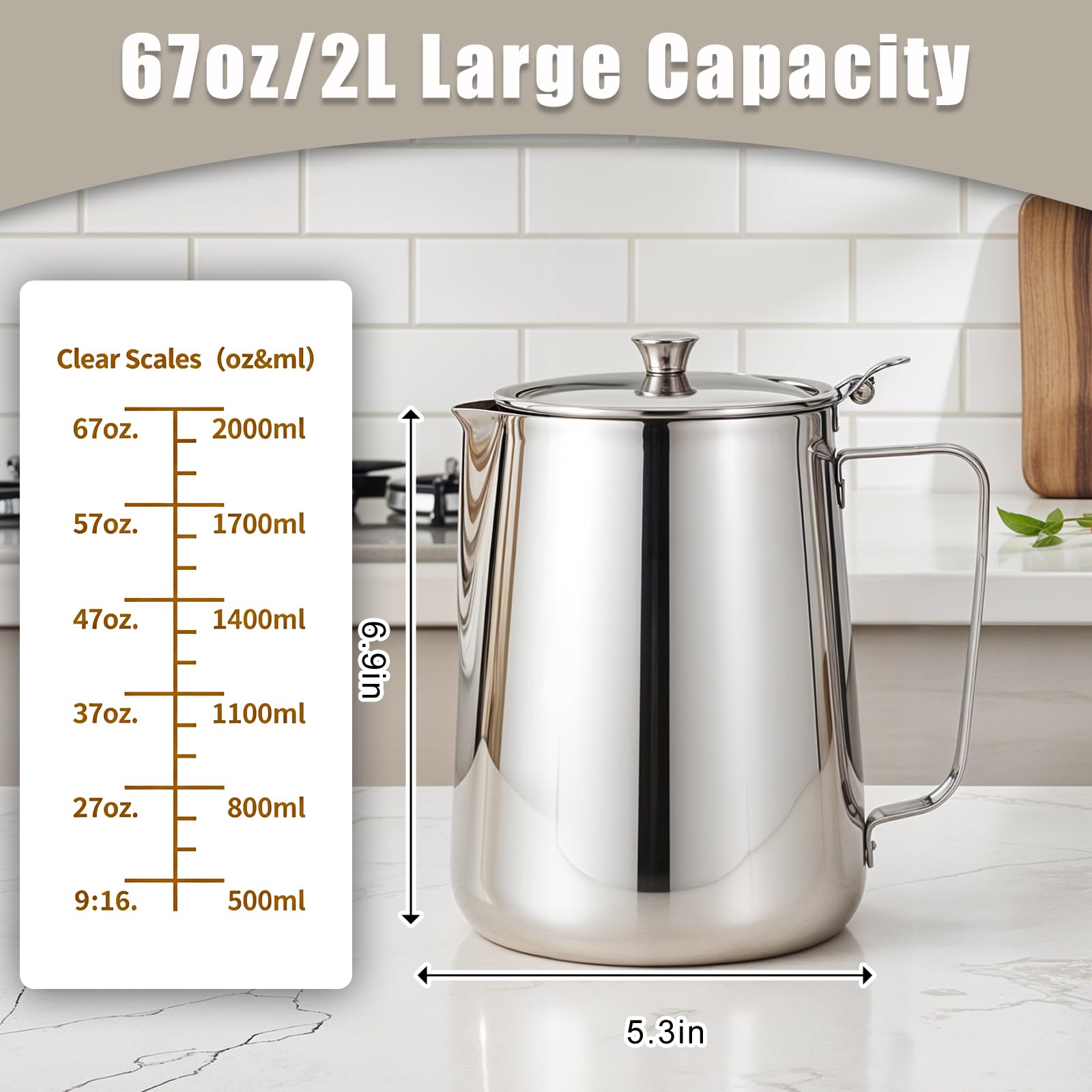 67 oz 304 Stainless Steel Pitcher with Lid, 2 L Large Mouth Graduated Beakers, Large Metal Measuring Cup with Handle, Milk Frothing Jug for Latte Art, Espresso Machines, Iced Tea