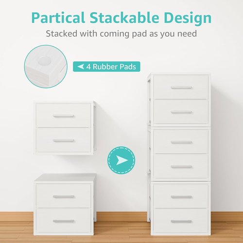 BOLUO Stackable Storage Drawers - Narrow Closet Organizers | Modern White 2-Drawer Dresser (2-Pack)