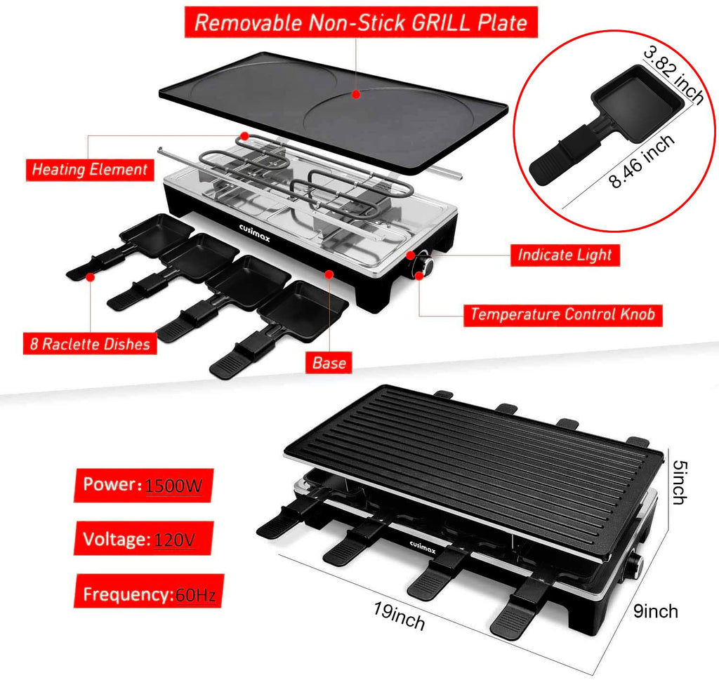 Raclette Table Grill, CUSIMAX Electric Grill, Indoor Grill Korean BBQ Grill With 2 in 1 Reversible Non-stick Plate, Crepe Maker with Adjustable temperature control, 8 Raclette Pans & Wooden Spatulas