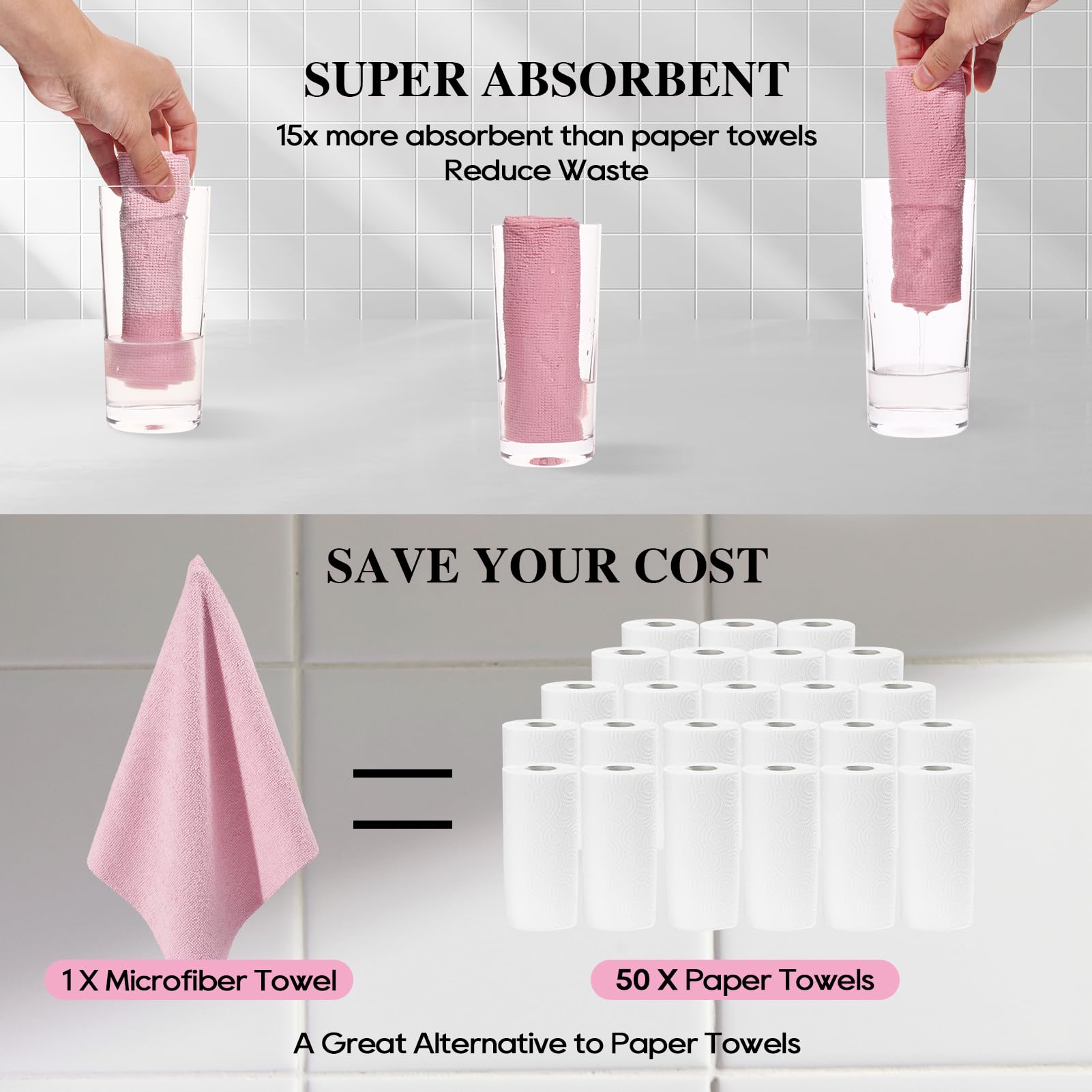 HONOVA Microfiber Cleaning Cloth Roll 45 Pack, 12''×12" Reusable Paper Towels, Tear Away Microfiber Towels, Highly Absorbent, All-Purpose Washable Cleaning Rags for Kitchen, Window, Car, Shop (Pink)