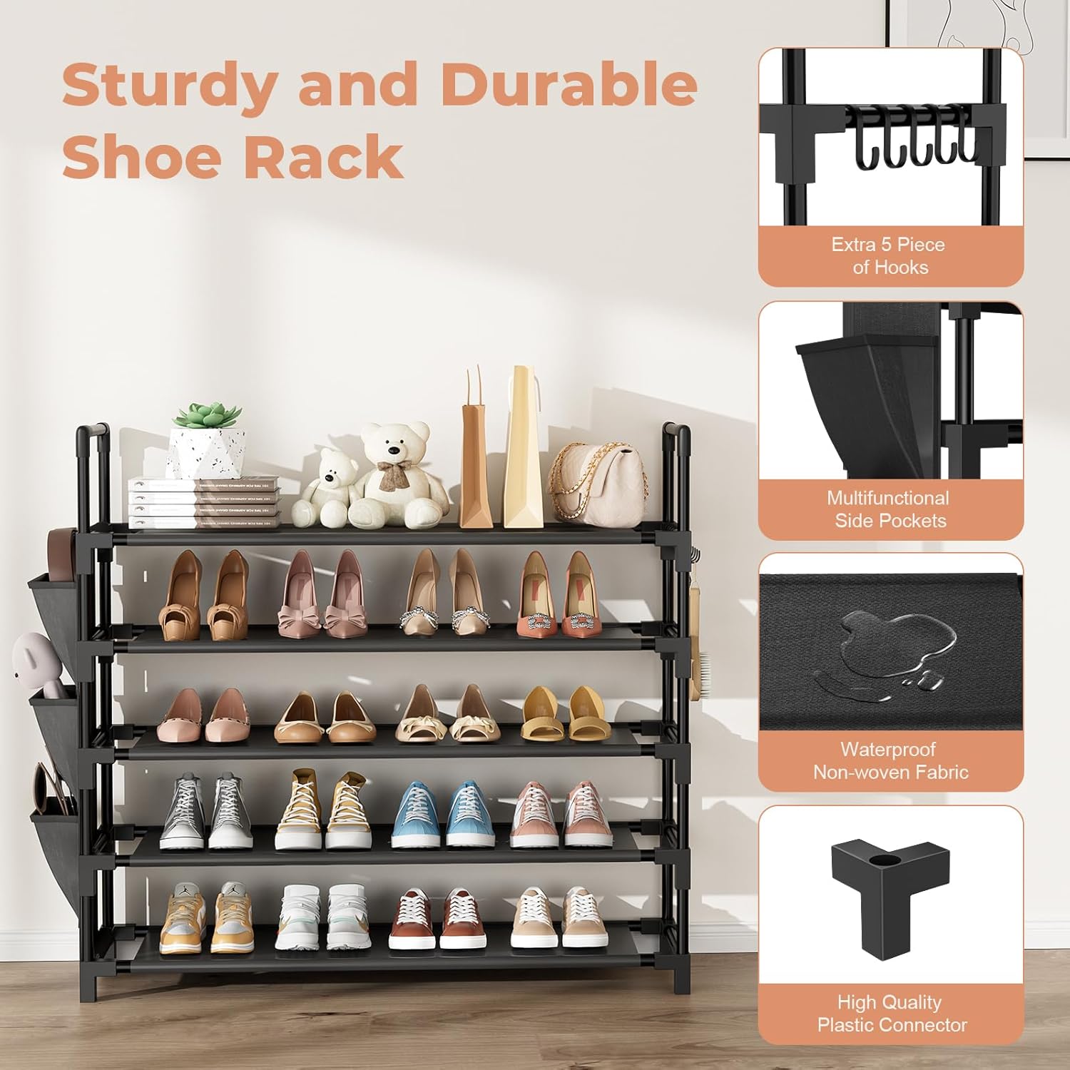 Skiennix 5-Tier Shoe Rack - Space-Saving Organizer for 20-25 Pairs | Stackable Free-Standing Design with Hooks