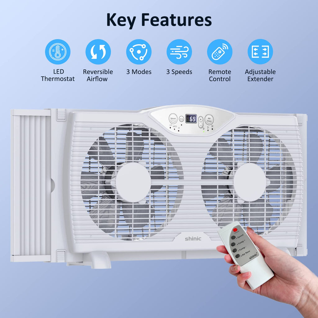 shinic Twin Window Fan, 9-Inch Blades Reversible Airflow, Thermostat Control, 3 Speeds, 23.8"-37" Expandable Width, Window Exchaust Fans for Home Bedroom, ETL Certified