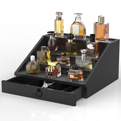 upcessory Wooden Cologne Organizer for Men Enhanced 4 Tier Cologne Stand Shelf Perfume Organizer with Velvet Lined Drawer & Hidden Storage Perfume Display Holder for Dresser Nice Gift (Classy Black)
