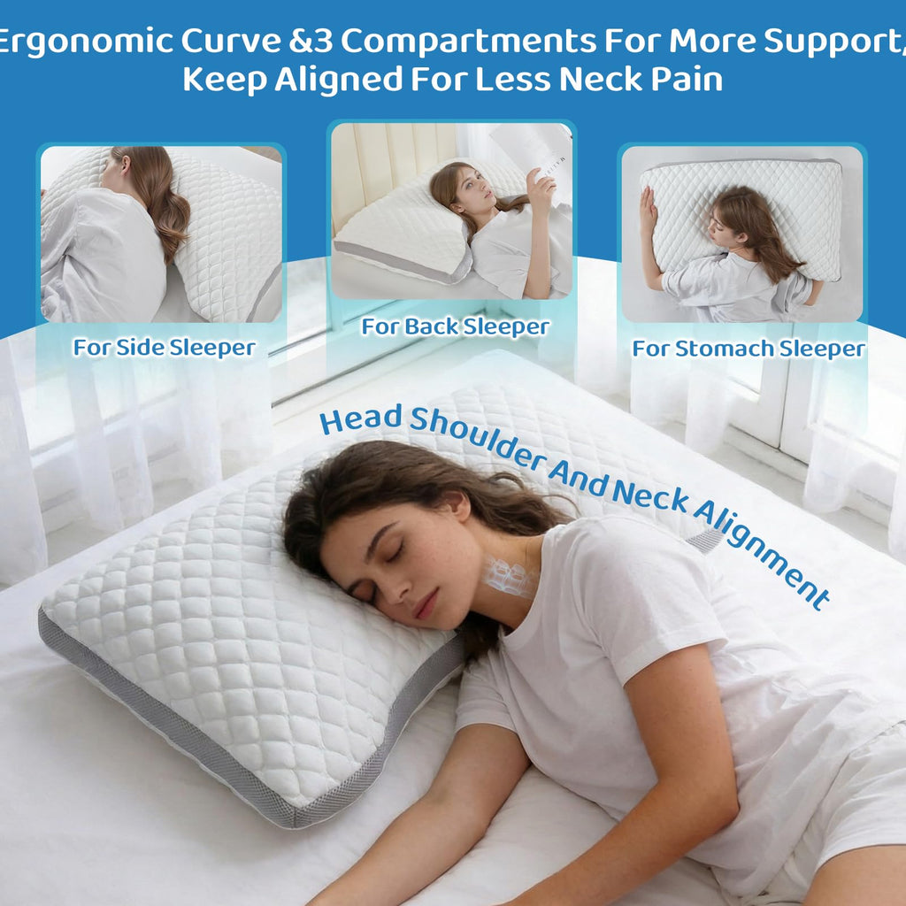 LOFE Side Sleeper Pillows for Adults - Curved Pillow with 3 Compartments for Neck Pain Relief, Adjustable Crescent Pillow Side Sleeper with Extra Shredded Memory Foam Bag and 2 Pillowcases, 19 * 29in