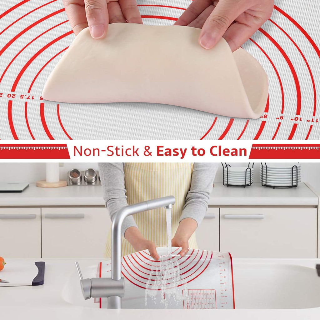 Skiennix Silicone Baking Mat - Non-Slip Pastry Mat with Measurements - BPA-Free, 24 x 16 Inches, Red | Includes Dough Scraper
