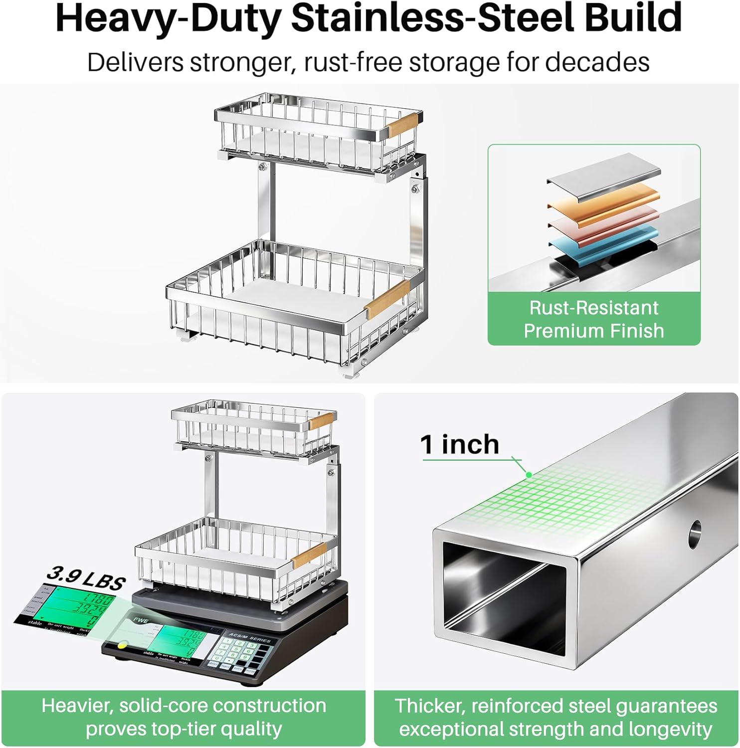 Under Sink Organizer by Skiennix - Stainless Steel 2-Tier Storage Solution | Pull-Out Cabinet Shelf
