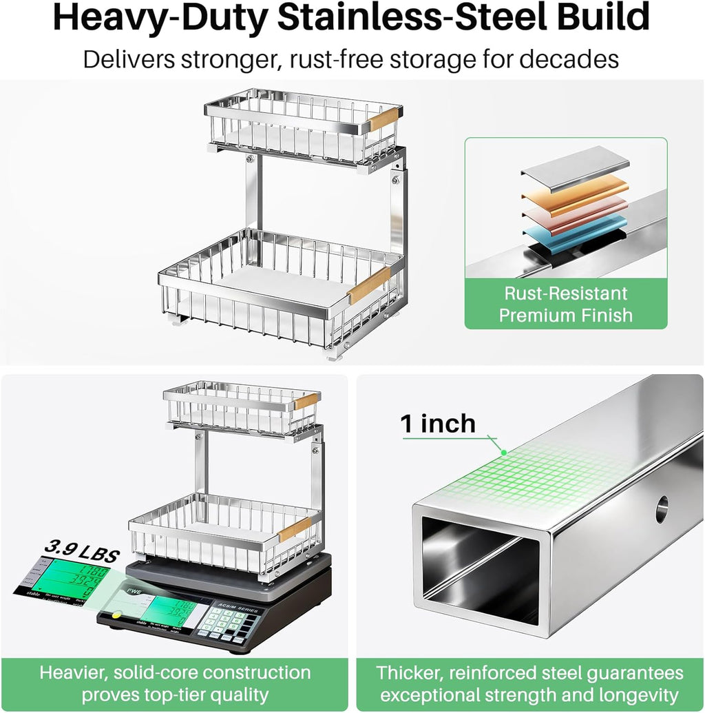 Under Sink Organizer by [Brand Name] - Stainless Steel 2-Tier Storage Solution | Pull-Out Cabinet Shelf