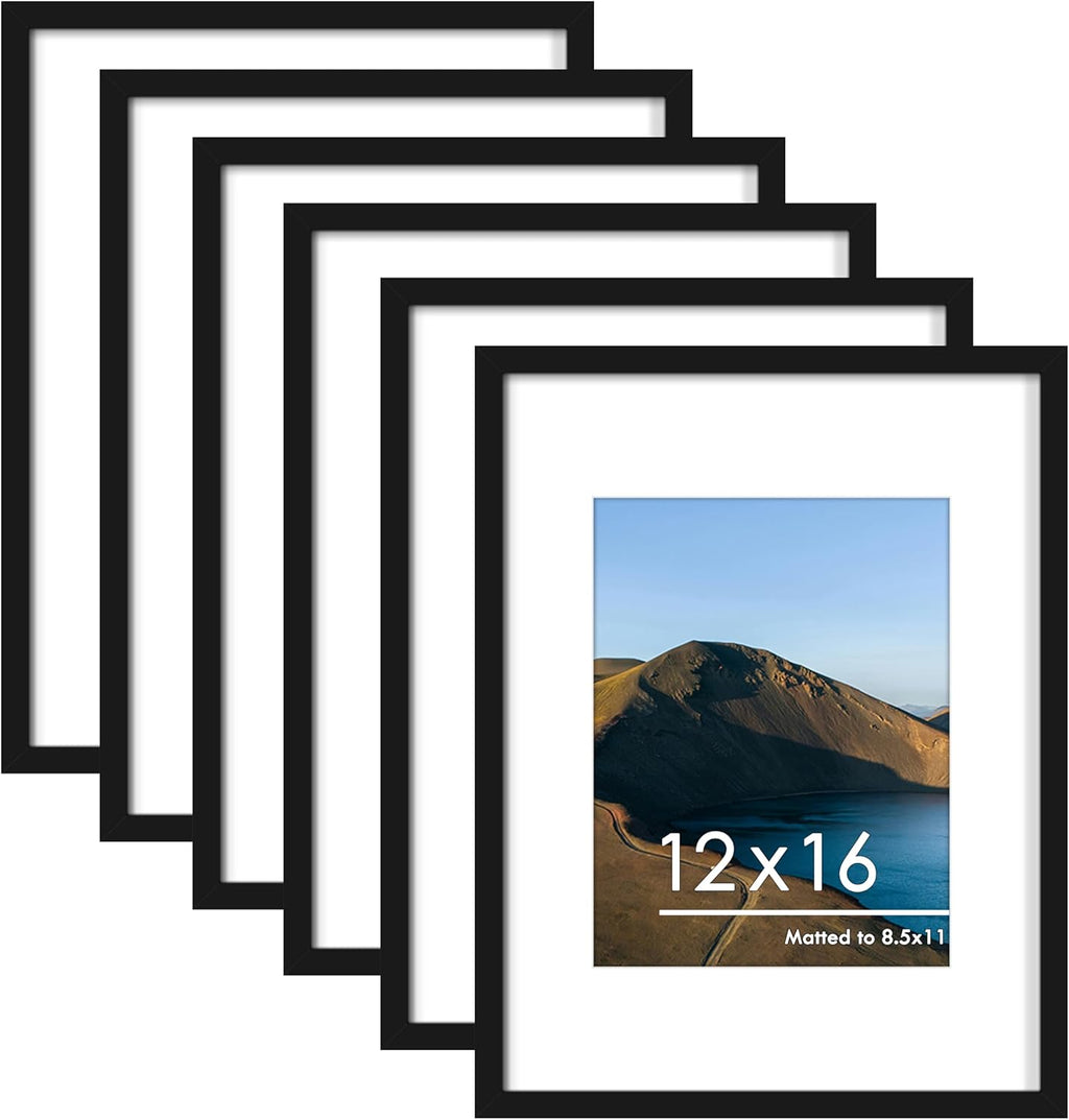 PEALSN 12x16 Picture Frame Set of 6 - Versatile Wall Mounting for 8.5x11 Photos, Black