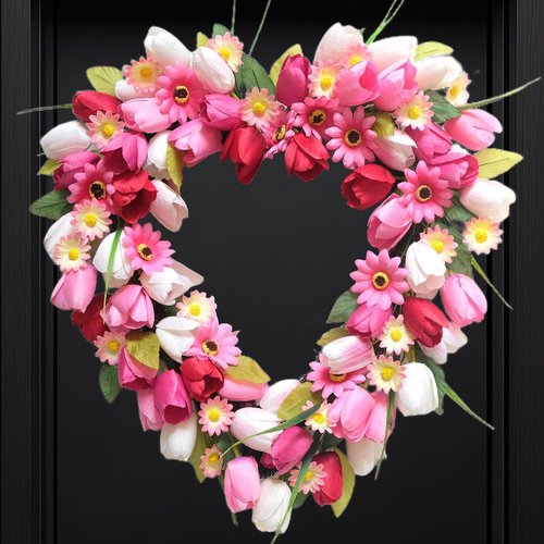 Bibelot Valentine's Day Heart Shaped Tulip Wreath, 20 Inch Pink White Tulip Floral Wreath for Front Door, Artificial Flower Heart Wreaths for Wedding Anniversary Festival Decorations