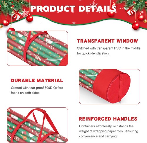 Gift Wrap Storage Organizer by 2Pack - Durable 600D Oxford Fabric - Holds 18-25 Rolls - Red