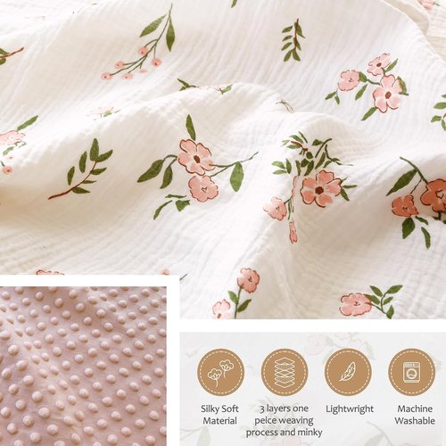 BOPRIO Muslin Baby Blanket - Super Soft Pink Floral Nursery Throw with Breathable Cotton | 30 x 40 Inch