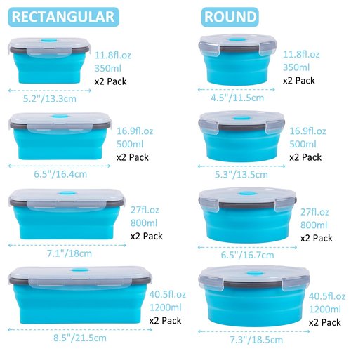 Annaklin Collapsible Food Storage Containers with Lid & Air Vent, 16 Pack, 8 Rectangular + 8 Round, Foldable Silicone Lunch Containers Collapsible Bowls Set, Microwave Freezer Dishwasher Safe, Blue