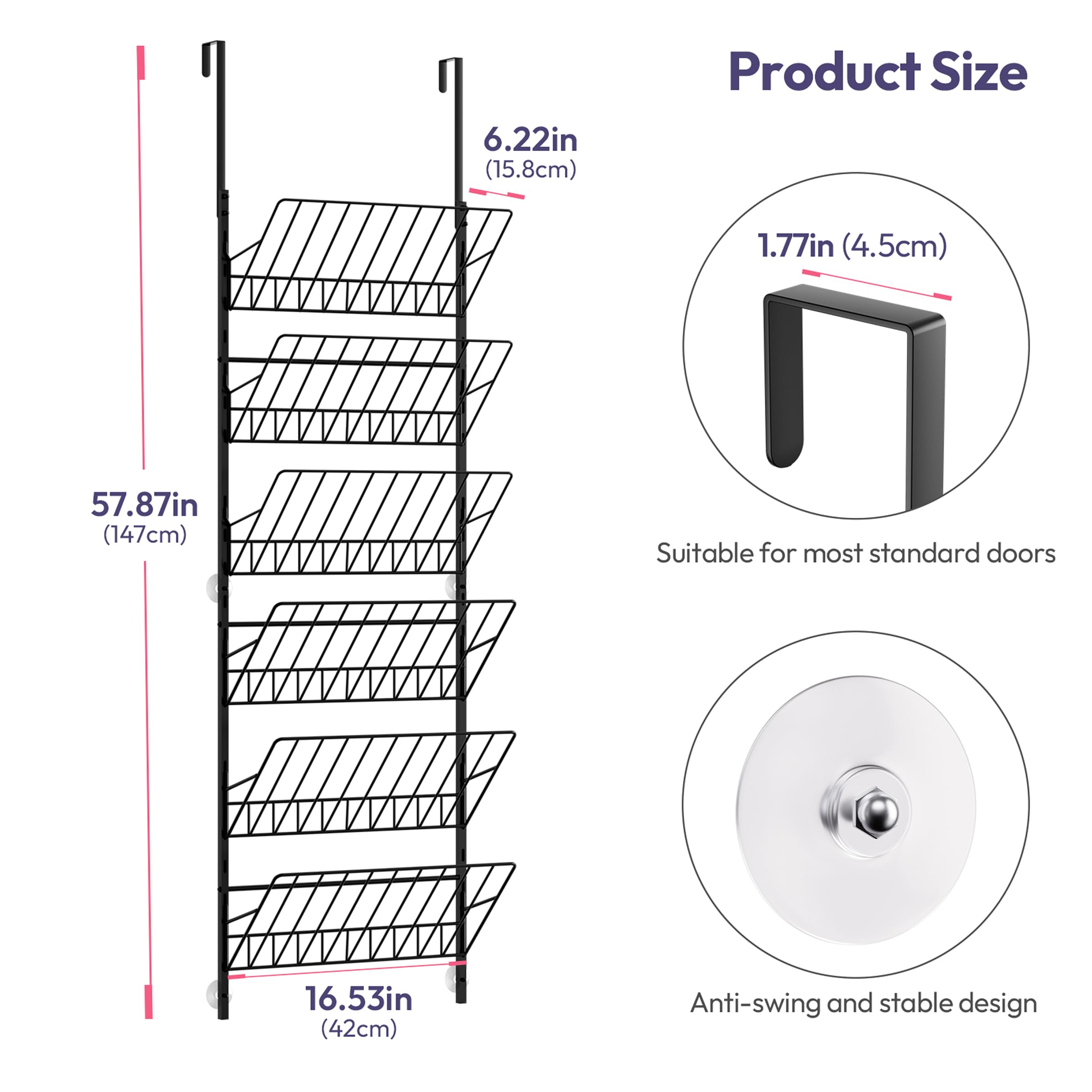 SWTYMIKI Over The Door Shoe Organizer - Adjustable 6 Tier Hanging Shoe Rack Organizer, Metal Heavy Duty Behind Door Storage or Wall Mount Shoes Shelf for Flats, Heels, Sneakers, Boots