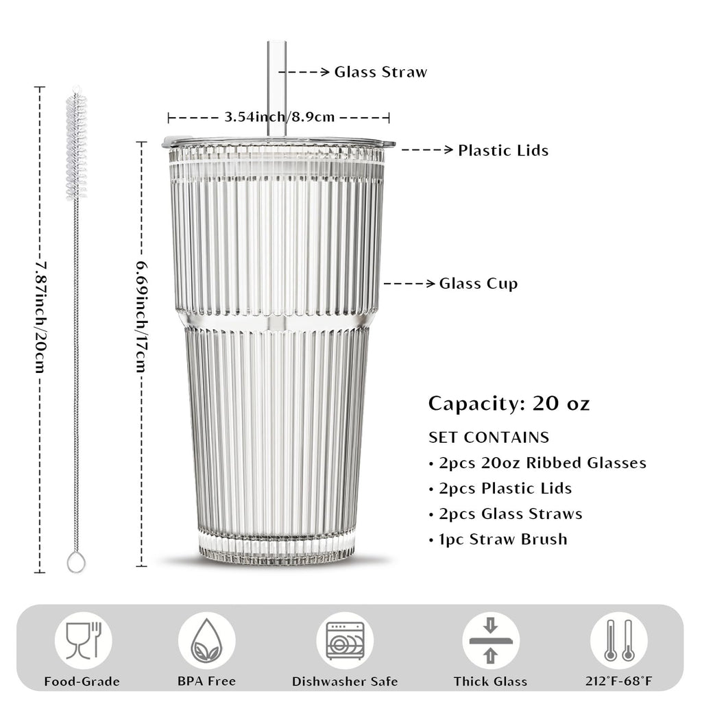 INSETLAN 20 oz Ribbed Glass Tumblers with Lids and Glass Straws – 2-Piece Glassware Set, Heavy-Duty Tumblers, Ideal for Iced Coffee, Smoothies, Cocktails, and Juices – Elegant and Durable Drinkware