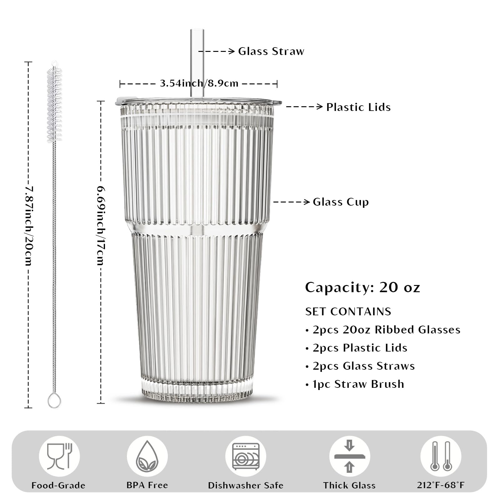 INSETLAN 20 oz Ribbed Glass Tumblers with Lids and Glass Straws – 2-Piece Glassware Set, Heavy-Duty Tumblers, Ideal for Iced Coffee, Smoothies, Cocktails, and Juices – Elegant and Durable Drinkware