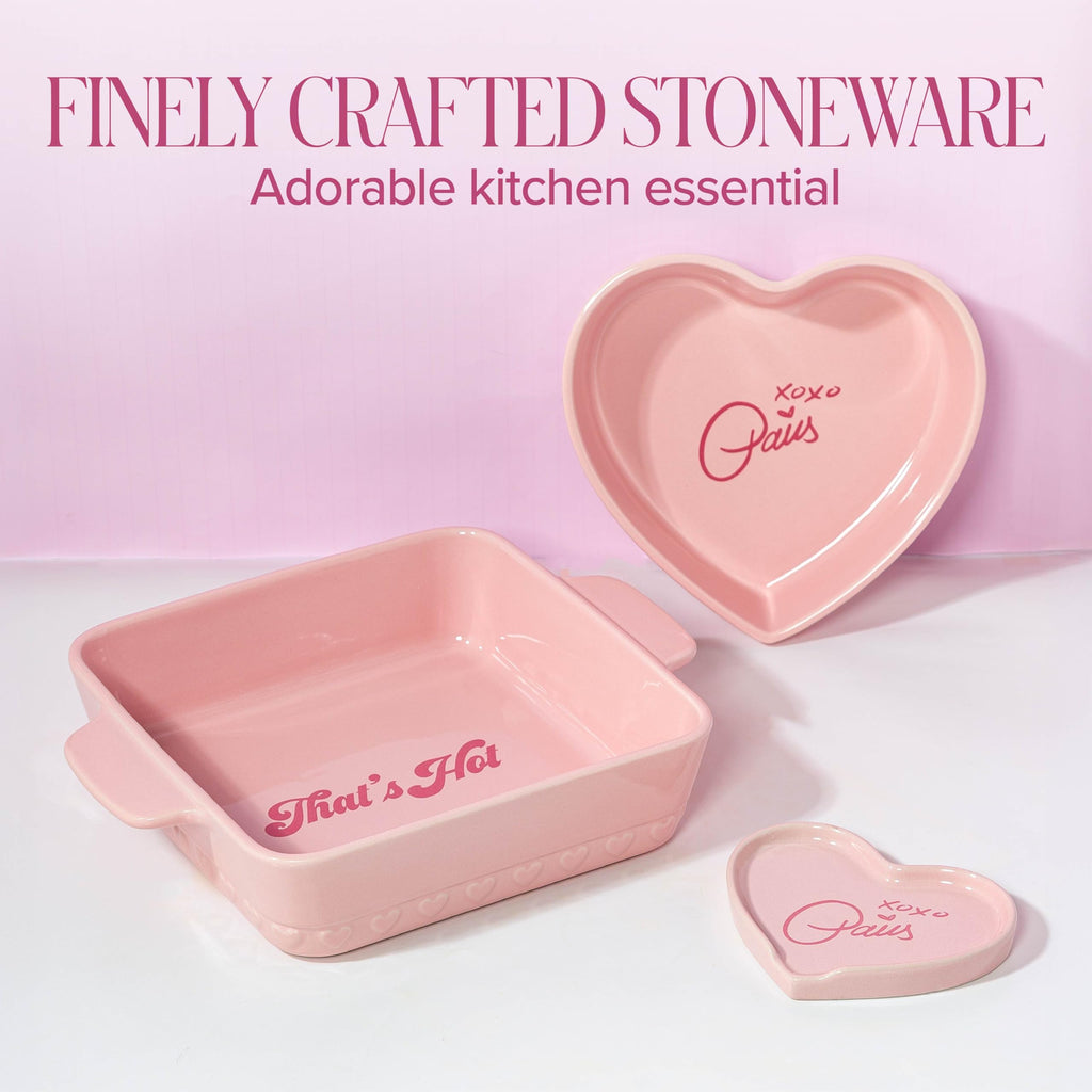 Paris Hilton 3-Piece Ceramic Baker Set, Iconic Stoneware with Square & Heart Bakers and Spoon Rest, Microwave/Oven/Freezer Safe, Durable Bakeware for Everyday Cooking & Serving, Pink