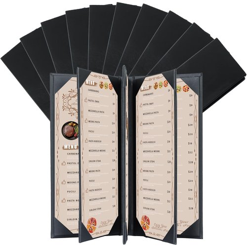 FLKQC Restaurant Menu Covers Holders 4.25" x 11" | 10 Pack 8 View Synthetic Leather Menu Holder Black for Wine List, Drinks, Commercial Menu Holder (10, Five Fold Panels (4.25 x 11 inch))