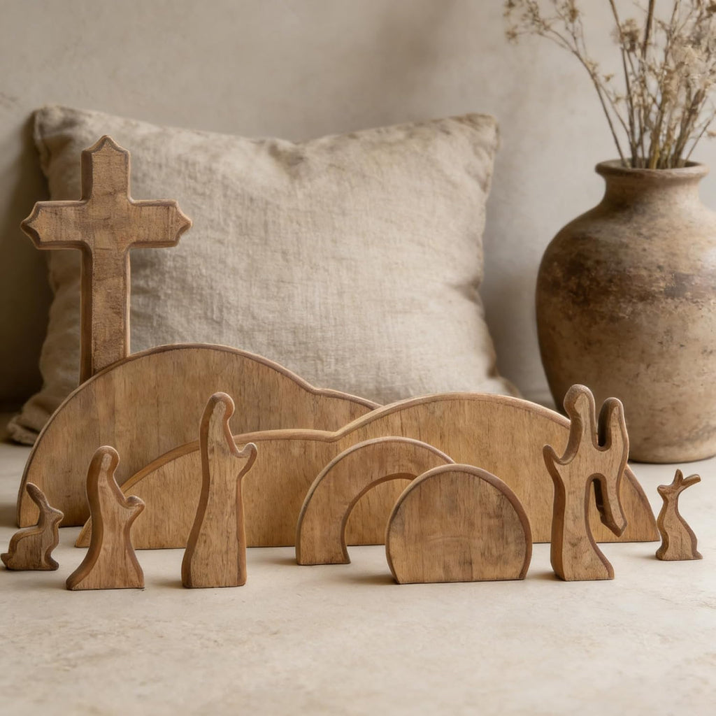 TW SHINE Wooden Easter Scene Decoration - Empty Tomb & Cross Tray Set for Home & Office
