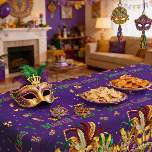 Mardi Gras Tablecloth, 3 PCS Mardi Gras Table Cloth Disposable, Plastic Purple Carnival Mask Decorative Masquerade Tables Cover Rectangular for Mardi Gras Party Decoration Supplies, 54 X 108 Inch