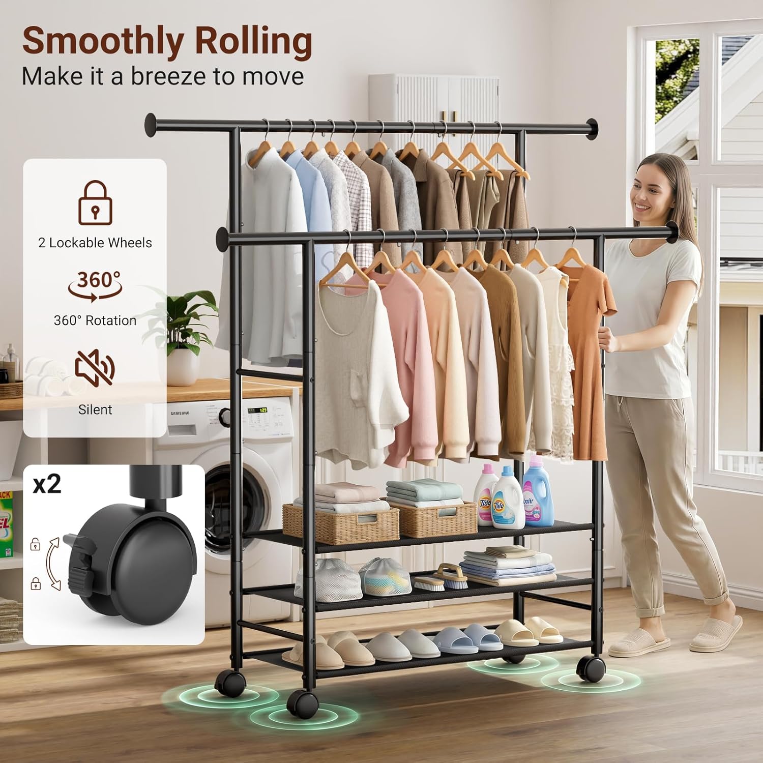 Sleeping Lamb Double Rod Clothes Rack - Sturdy Portable Garment Rack with 3-Tier Shelves | Black