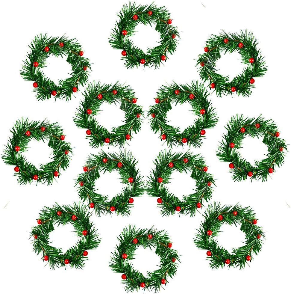 YBB Christmas Candle Rings - 12Pcs Small Artificial Red Berry Wreath Holders for 3-Inch Pillar Candles | Rustic Wedding & Holiday Decor