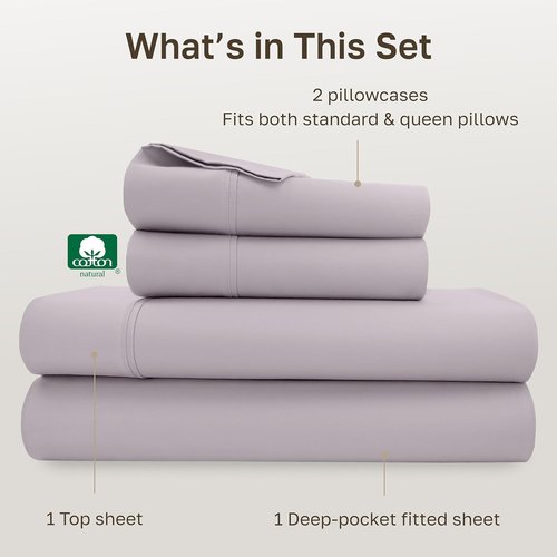 California Design Den Queen Size Cotton Sheet Set - 100% Soft, 400 TC, Deep Pockets, Award-Winning - Dusky Lavender Grey