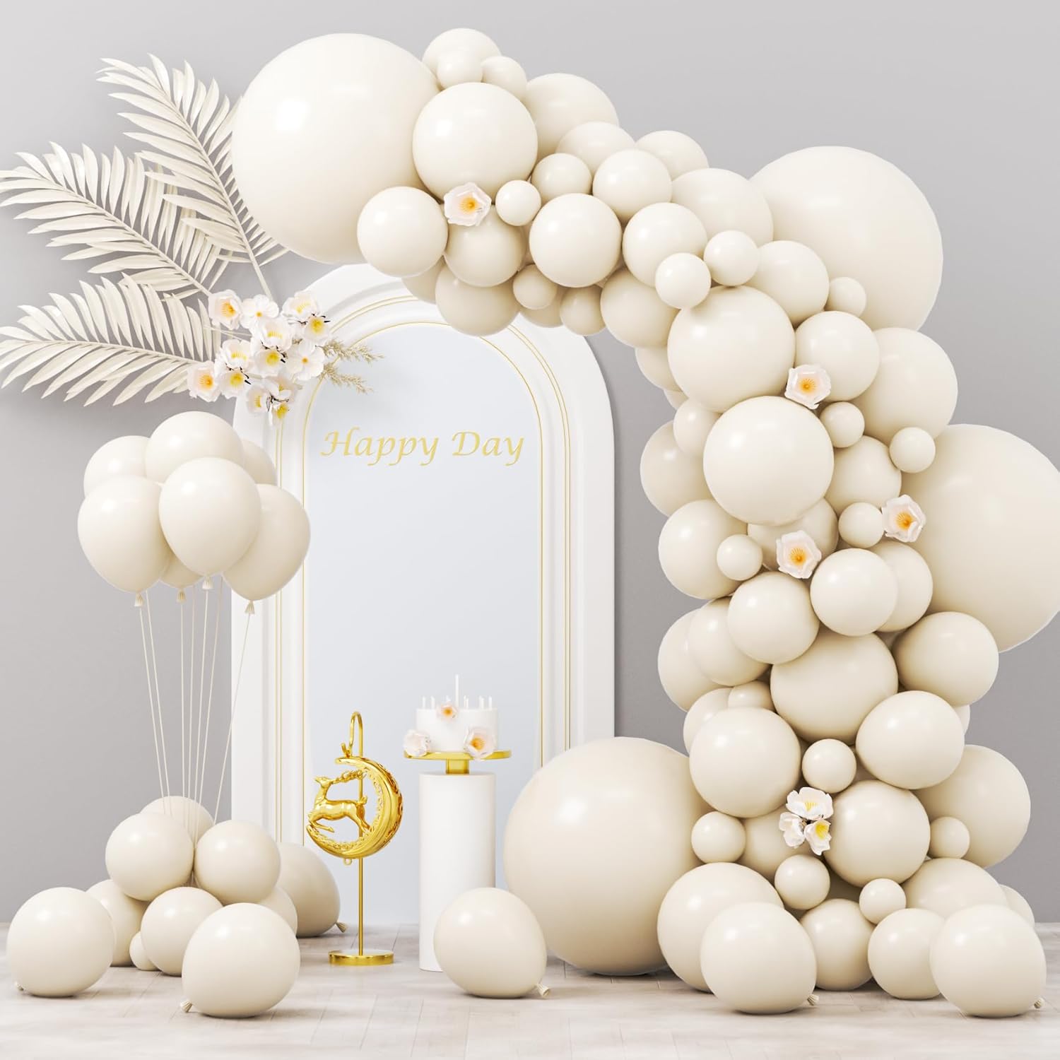 Voircoloria White Sand Balloons - 130pcs Assorted Sizes (5" to 18") for Birthday & Wedding Decor
