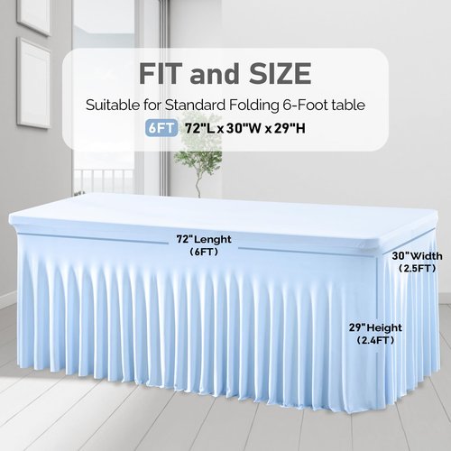 4 Packs Baby Blue Table Clothes for 6 Foot Rectangle Tables, One-Piece Wrinkle Resistant Stretch Spandex Table Covers with Skirt for Event Banquet Wedding Birthday Party