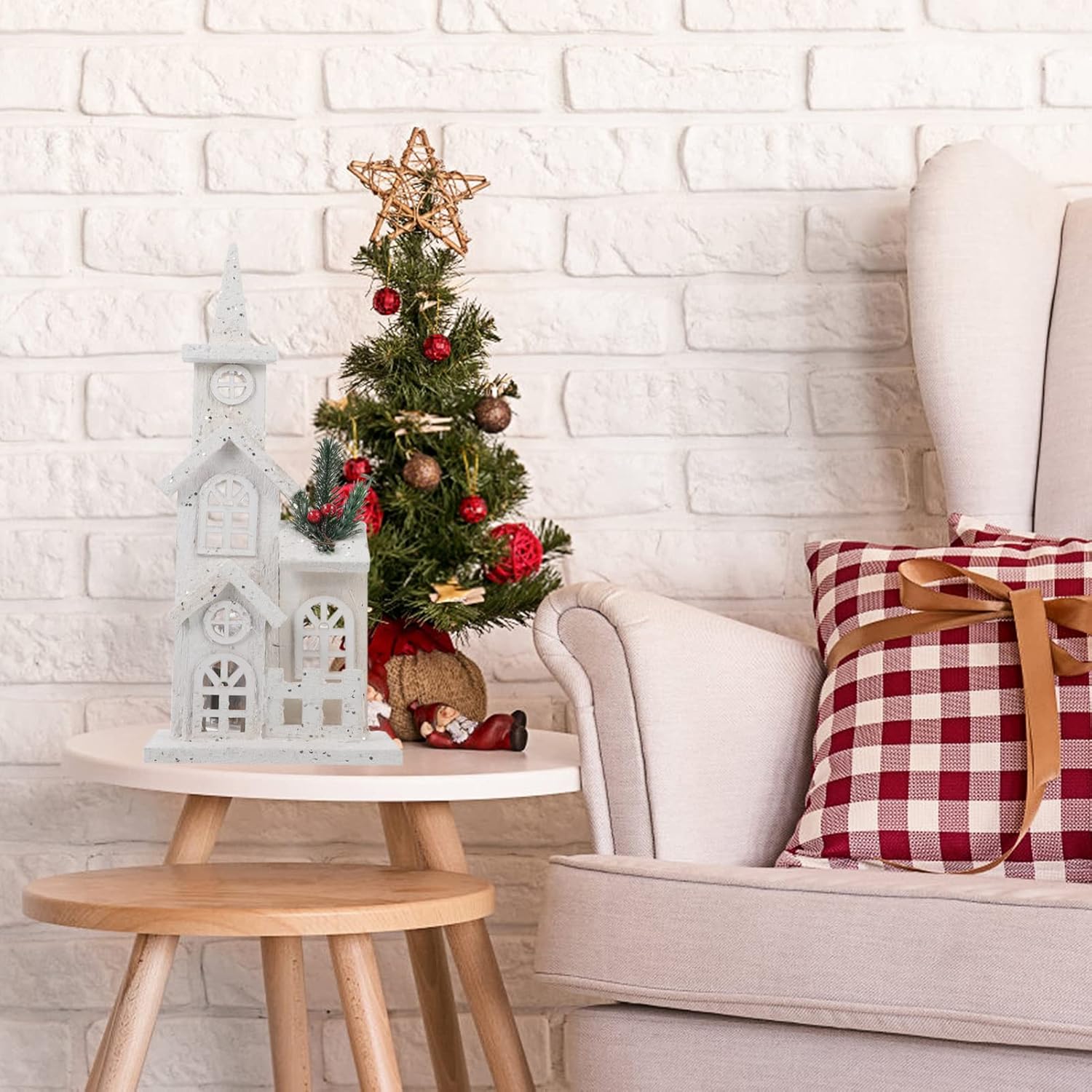 NUOBESTY Christmas LED Church Light House - Wooden Village Snow Scene Ornament for Holiday Home Decor