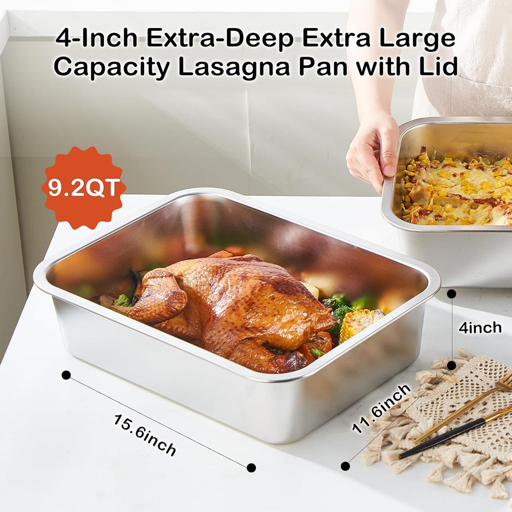 Skiennix 4-Piece Extra Deep Lasagna Pan Set - 11.6x15.6 Inch Nonstick Stainless Steel with Lid | 9.2QT Capacity