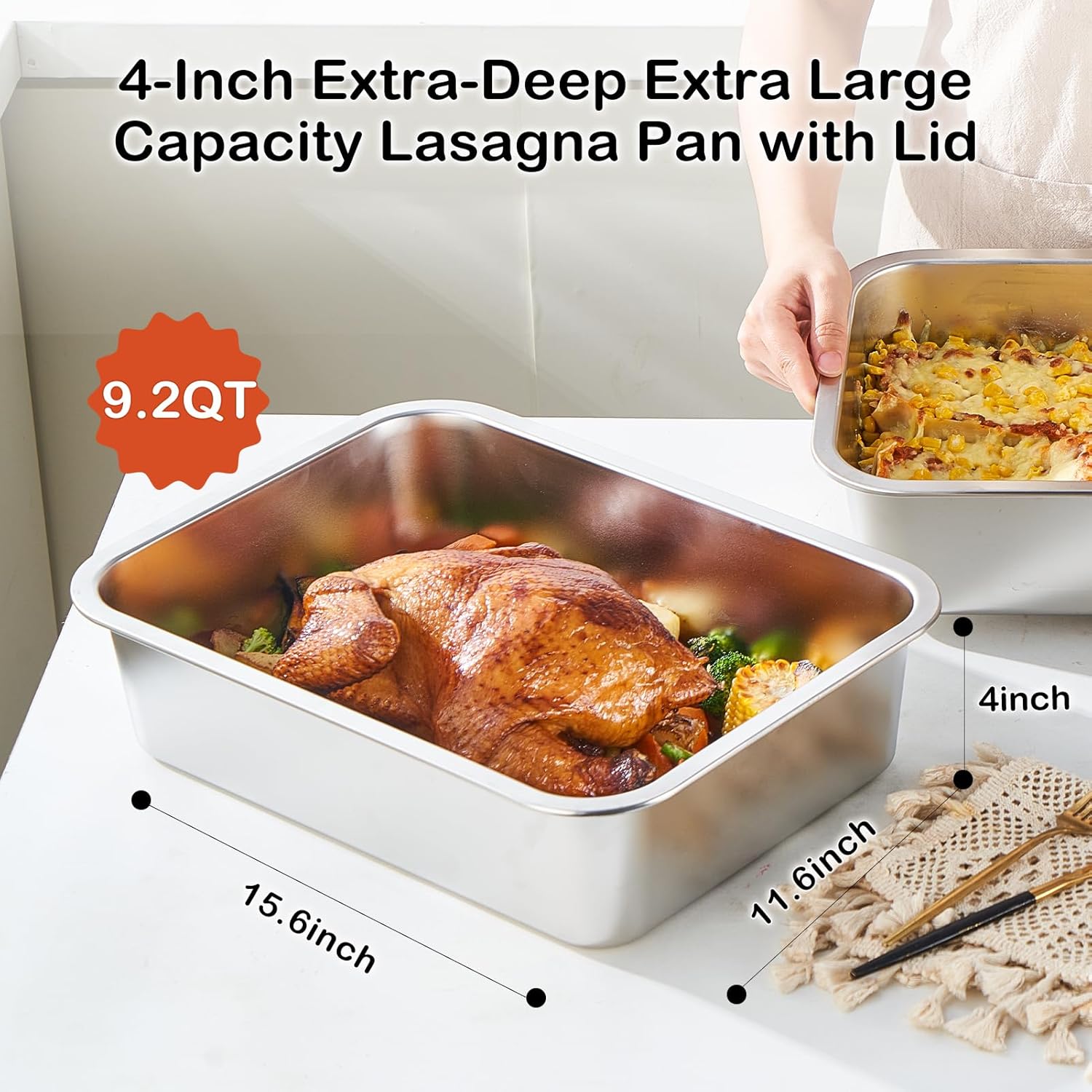 Skiennix 4-Piece Extra Deep Lasagna Pan Set - 11.6x15.6 Inch Nonstick Stainless Steel with Lid | 9.2QT Capacity