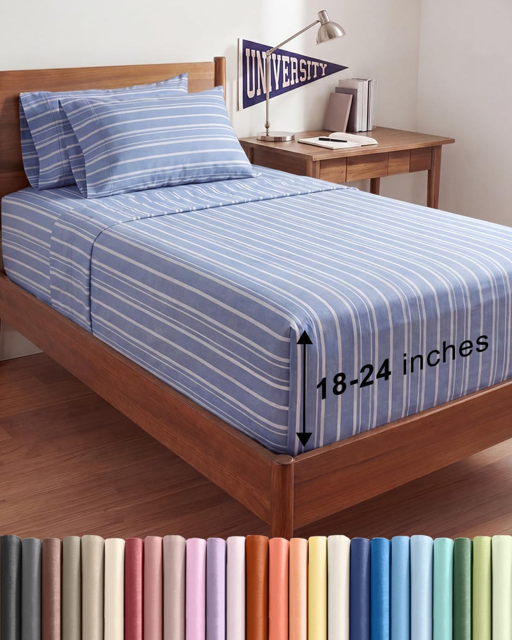 Skiennix Extra Deep Twin XL Sheet Set | 4-Piece Cooling Bedding - Soft, Breathable, Wrinkle-Free - Blue Stripes