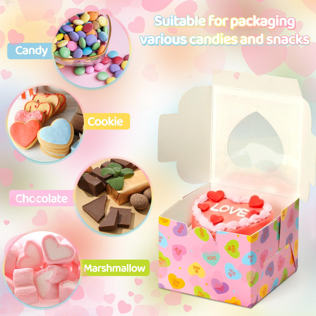 R HORSE 50Pcs Valentine's Day Bakery Treat Boxes, Valentines Candy Cookie Boxes with Heart Window, Cupcake Containers with Heart Shaped Cards for Cupcakes Donuts Chocolates Cookie Party Favor Supplies