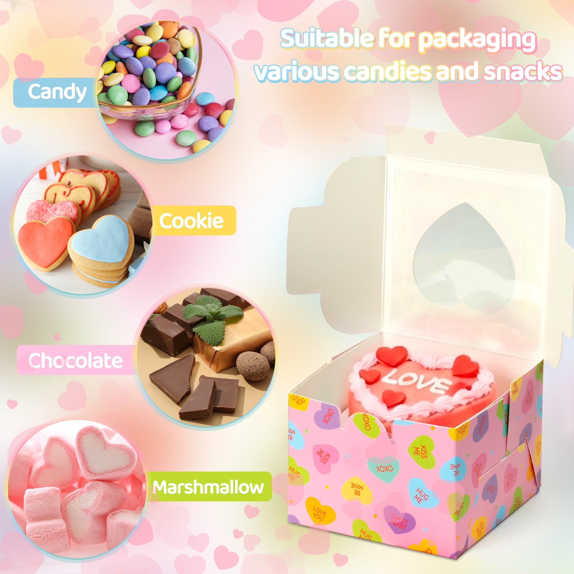 R HORSE 50Pcs Valentine's Day Bakery Treat Boxes, Valentines Candy Cookie Boxes with Heart Window, Cupcake Containers with Heart Shaped Cards for Cupcakes Donuts Chocolates Cookie Party Favor Supplies
