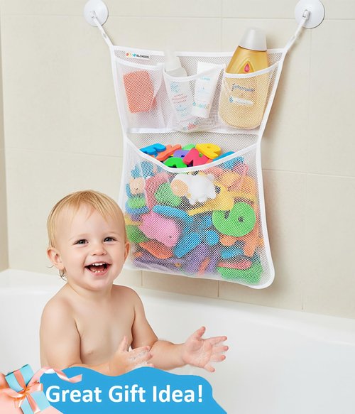 SLONSER Bath Toy Storage, Mesh Bath Tub Toys Holder, Quick Dry Net Bag for Bathtub, Shower Cubby Basket, Hanging Bathroom Organizer with 2 Suction Cups, 2 Adhesive Hooks, 14x20 Inch