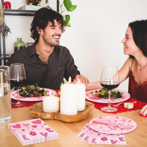 96 Pieces Valentine’s Day Tableware Set – Pink Heart Disposable Plates, Napkins, and Forks with “Love” and “Happy Valentine’s Day” Designs for Romantic Dinners, Weddings, and Parties – Serves 24
