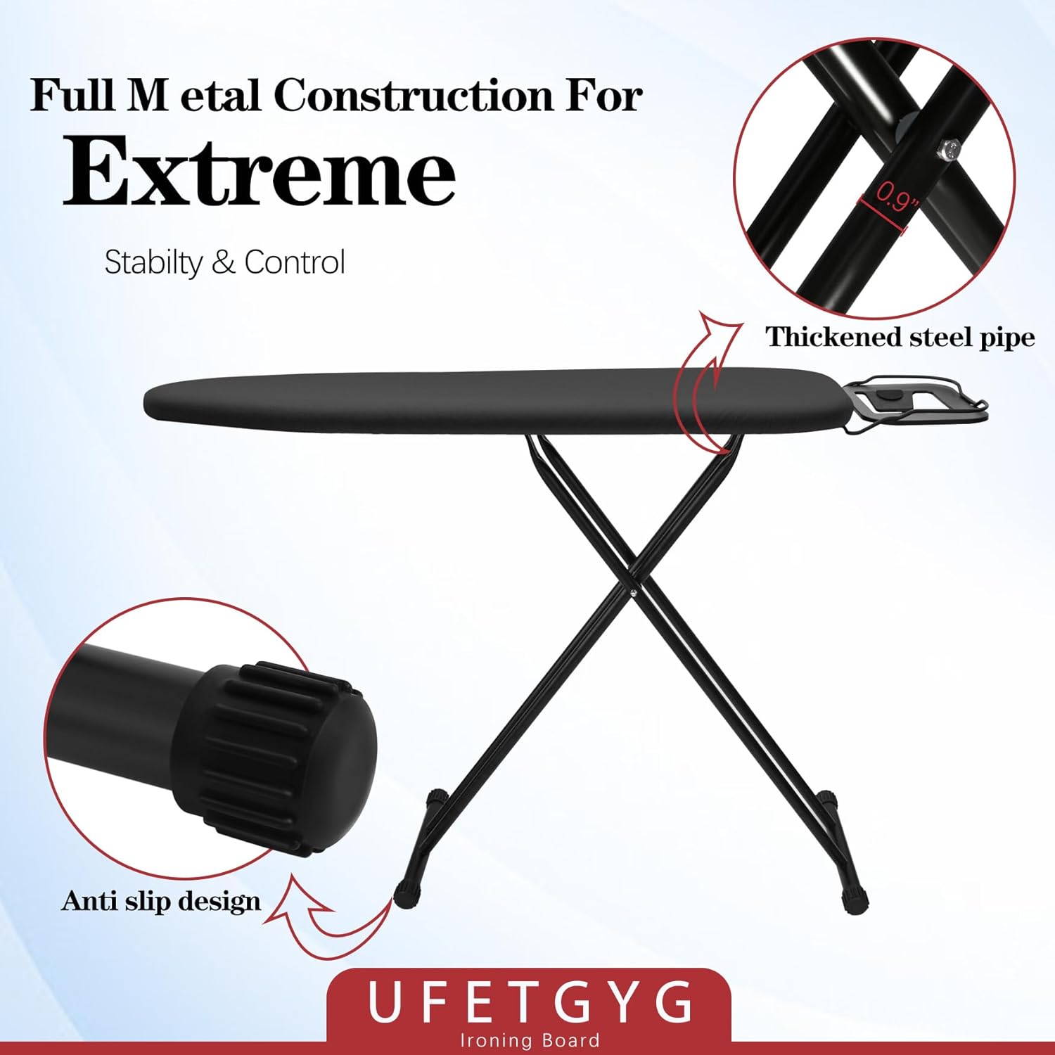 UFETGYG Ironing Board - Height Adjustable Metal Panel | 43" x 13" | Heat Resistant Fabric & Iron Rest